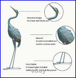 Set Of 2 Metal Cyan Crane Garden Statues Yard Art Sculpture For Patio Lawn Pond