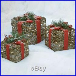 Set Of 3 Pre Lit Rattan Gold Christmas Gift Boxes Presents Outdoor Yard Decor