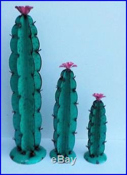 Set Of Three (3) Metal Yard Art Column Cactus Sculptures With Flower