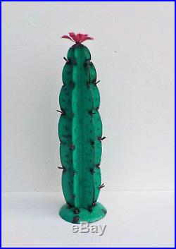 Set Of Three (3) Metal Yard Art Column Cactus Sculptures With Flower