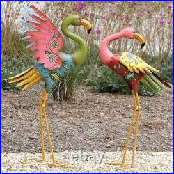 Set of 2 Flamingo Garden Statues Colorful Metal Sculpture Patio Yard Art Decor