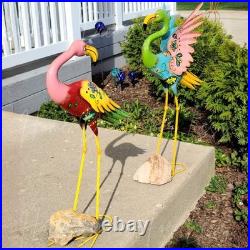 Set of 2 Flamingo Garden Statues Colorful Metal Sculpture Patio Yard Art Decor