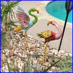 Set of 2 Flamingo Garden Statues Colorful Metal Sculpture Patio Yard Art Decor