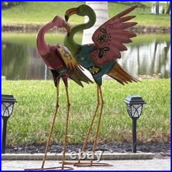 Set of 2 Flamingo Garden Statues Colorful Metal Sculpture Patio Yard Art Decor