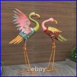 Set of 2 Flamingo Garden Statues Colorful Metal Sculpture Patio Yard Art Decor