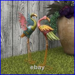Set of 2 Flamingo Garden Statues Colorful Metal Sculpture Patio Yard Art Decor