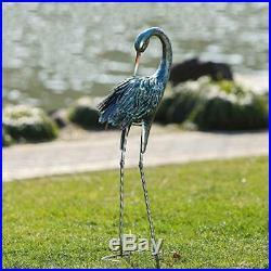 Set of 2 Garden Crane Statue Outdoor Blue Garden Sculptures Metal Bird Yard Art