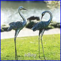Set of 2 Garden Crane Statue Outdoor Blue Garden Sculptures Metal Bird Yard Art