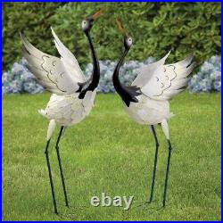 Set of 2 Good Fortune Red Crowned Cranes Layered Metal Animal Garden Sculptures