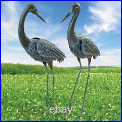 Set of 2 Heron Metal Statue Sculpture Verdigris Finish Outdoor Garden Yard Art