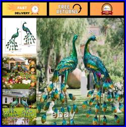 Set of 2 Metal Peacock Garden Statues Hand-Painted, Weather-Resistant Yard Art
