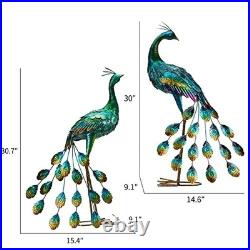 Set of 2 Metal Peacock Garden Statues Hand-Painted, Weather-Resistant Yard Art