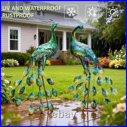 Set of 2 Metal Peacock Garden Statues Hand-Painted, Weather-Resistant Yard Art