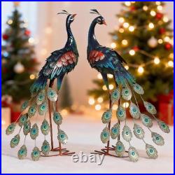 Set of 2 Metal Peacock Garden Statues Outdoor Yard Lawn Art Sculpture