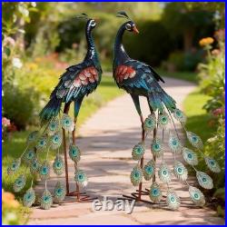 Set of 2 Metal Peacock Garden Statues Outdoor Yard Lawn Art Sculpture