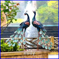 Set of 2 Metal Peacock Garden Statues Outdoor Yard Lawn Art Sculpture