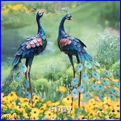 Set of 2 Metal Peacock Garden Statues Outdoor Yard Lawn Art Sculpture
