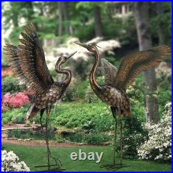 Set of 2 Outdoor Heavy Duty Bronze Metal Crane Heron Bird Yard Art Sculptures
