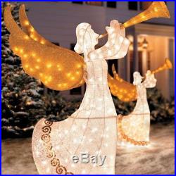 Set of 2 Outdoor Lighted Animated Christmas Angels Horn Sculpture Yard Decor PS