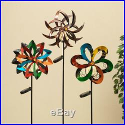 Set of 3 43-Inch Tall Solar-Powered Metal Yard Garden Stakes with Wind Spinners