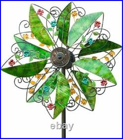 Solar Leaves Wind Spinner Sculpture Kinetic Lawn Garden Decor Patio Stake Yard