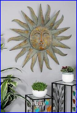 Sun Metal Wall Art Sculpture Distressed Sunburst Gray Gold Indoor Outdoor Decor