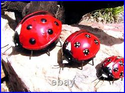 THREE Metal art Ladybug sculptures, Junk Iron Art, Garden Yard art