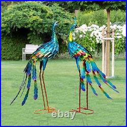 Two Pair Peacock Statue Metal Bird Yard Art Outdoor Sculpture Patio Lawn Decor