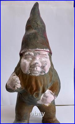 Vintage Cast Iron GARDEN GNOME 12 Statue Dwarf Carrying Bag Outdoor Decor