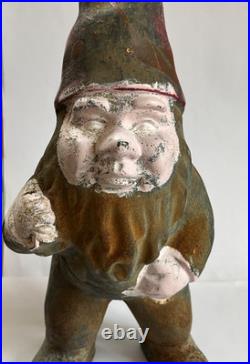Vintage Cast Iron GARDEN GNOME 12 Statue Dwarf Carrying Bag Outdoor Decor