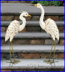 White Snowy Egret Pair Metal Garden Statues Bird Yard Sculpture Heron Crane