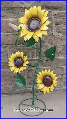 Yard Art Metal 3 Sunflowers Sculpture 39 tall with Hummingbird MFLWRL003