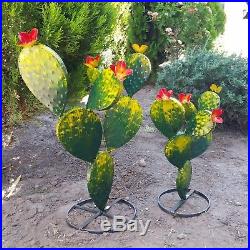 Yard Art TWO Metal Garden Prickly Pear Cactus Plants 23 inches and 17 inches