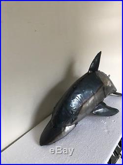 Yard Art Welded Metal Dolphin Sculpture, Recycled Metal Art 29 Long