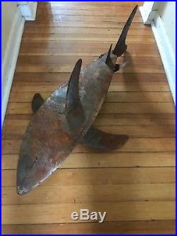 Yard Art Welded Metal Shark Sculpture, Recycled Metal Art 39 Long